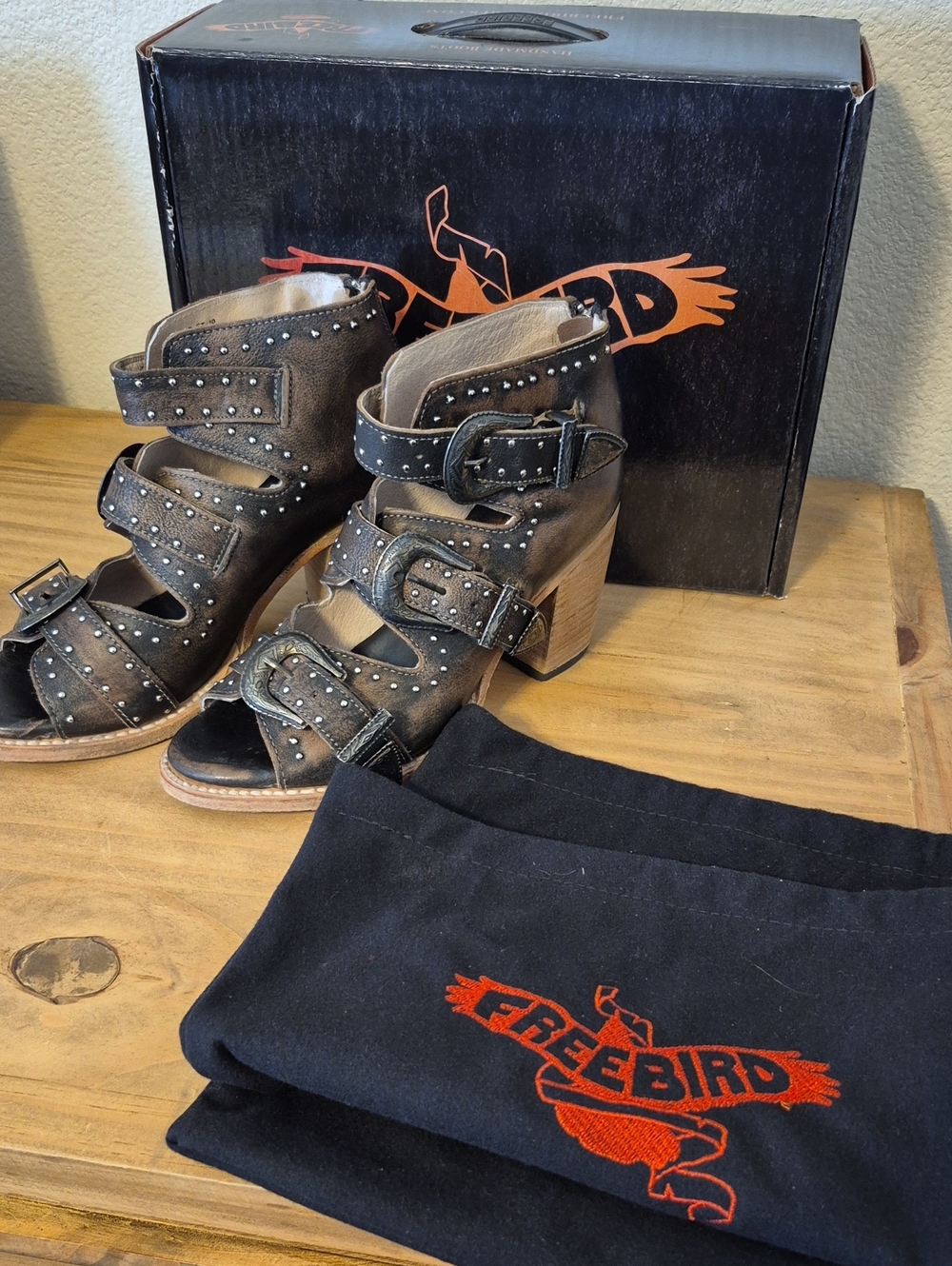 Freebird Distressed Brown Studded Cutout Buckle Heels - Picture 7 of 7